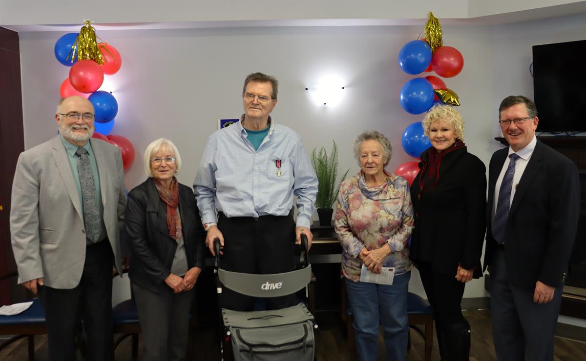 Mr. Bill Croshaw received the King Charles III Coronation Medal in recognition of his outstanding contributions to the community on January 31, 2025.   Pictured here, from left to right, during the medal presentation is Warden Peter Emon, County of Renfrew, Mayor Debbie Grills, Head, Clara and Maria Township, Bill Croshaw, Louise Croshaw, Member of Parliament Cheryl Gallant, Renfrew-Nipissing-Pembroke, and Board Chair David Cox, Deep River and District Health.